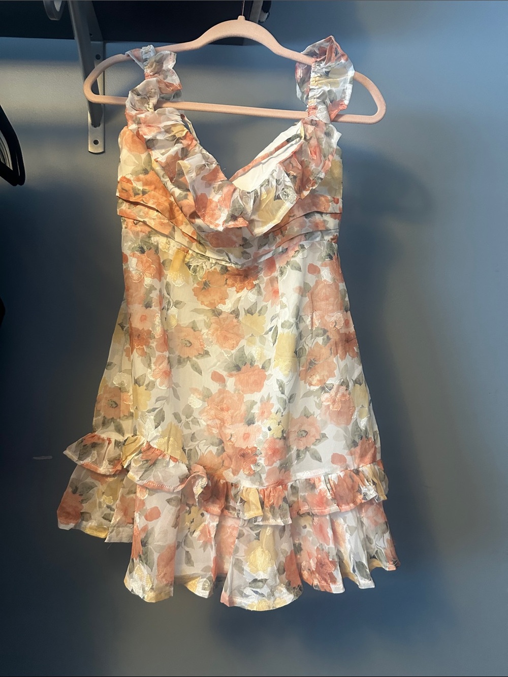 Selfie Leslie Peach Floral Mini Dress with Ruffles - Picture 3 of 4